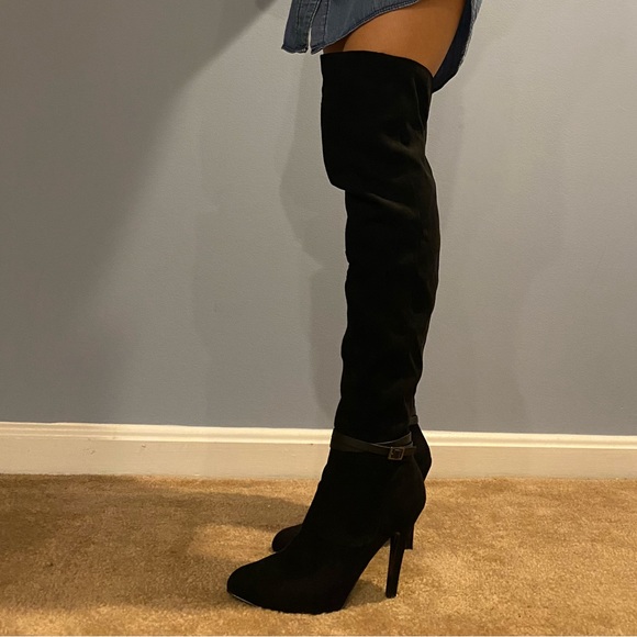 Nina Shoes Black Suede Over The Knee High Heel Boots with Faux Leather strap - Picture 9 of 10